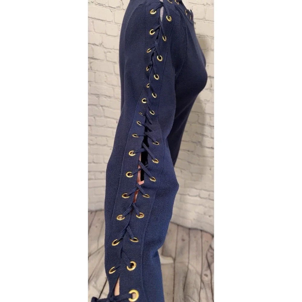 Venus Lace up neck and sleeve Navy blue Knit Sweater Size Large - Picture 4 of 7